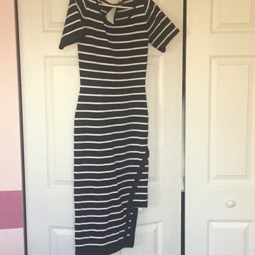 Macy’s Black/white striped dress.
